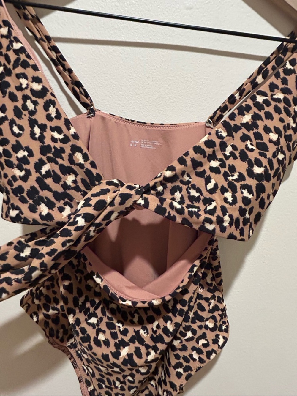 Aerie Full Coverage One Piece Swimsuit - Beige Leopard Print w/ Front Tie Medium - Picture 6 of 6